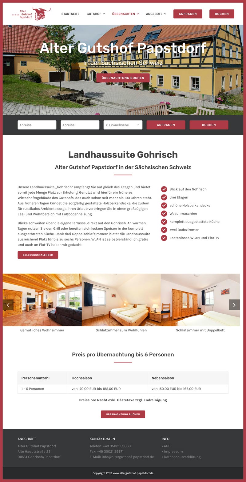 Fewo-Webseite – Websites für Ferienwohnungen – Referenz – Alter Gutshof Papstdorf – Screenshot Fullsize Unterseite Alter Gutshof Papstdorf Screenshot Fullsize Unterseite