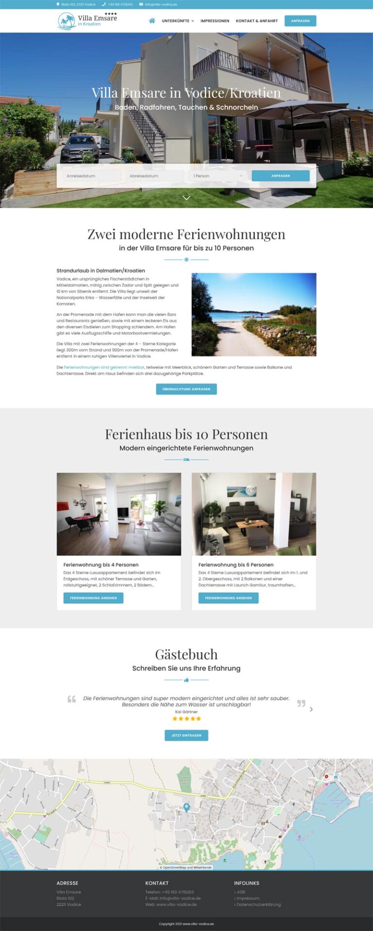 Fewo-Webseite – Websites für Ferienwohnungen – Referenz – Villa Emsare – Screenshot Fullsize Startseite Villa Emsare in Kroatien Screenshot Fullsize Startseite