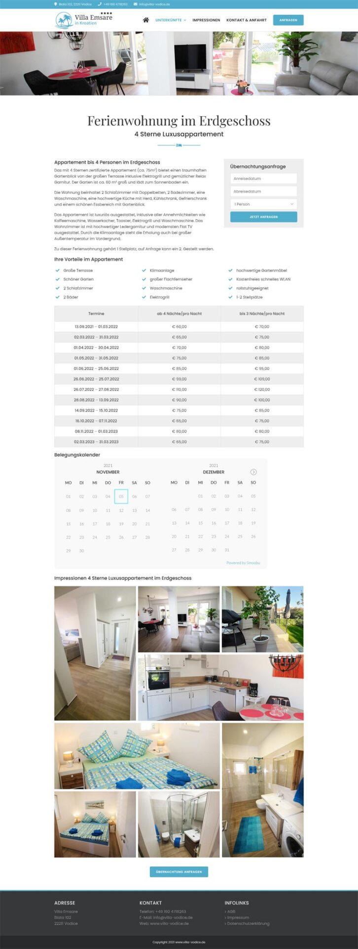 Fewo-Webseite – Websites für Ferienwohnungen – Referenz – Villa Emsare – Screenshot Fullsize Unterseite Villa Emsare in Kroatien Screenshot Fullsize Unterseite