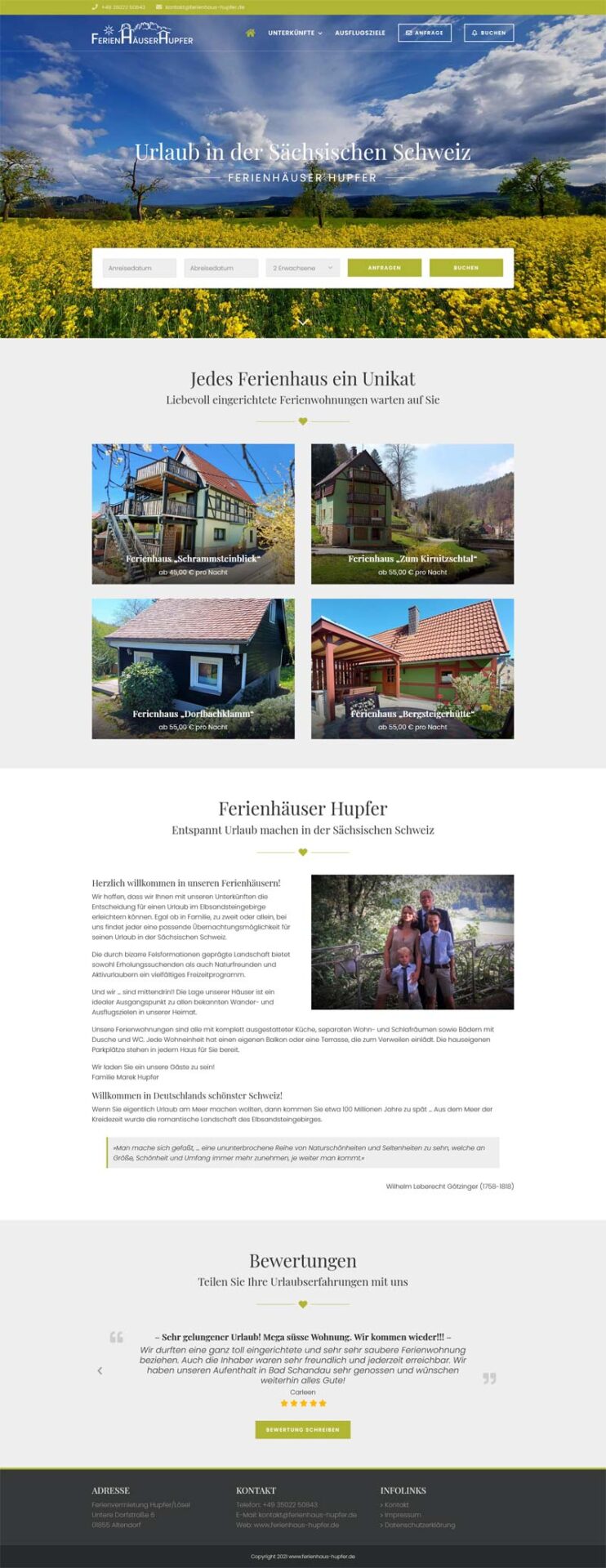 Fewo-Webseite – Websites für Ferienwohnungen – Referenz – Ferienhäuser Hupfer – Screenshot Fullsize Startseite Ferienhäuser Hupfer in der Sächsischen Schweiz Screenshot Fullsize Startseite