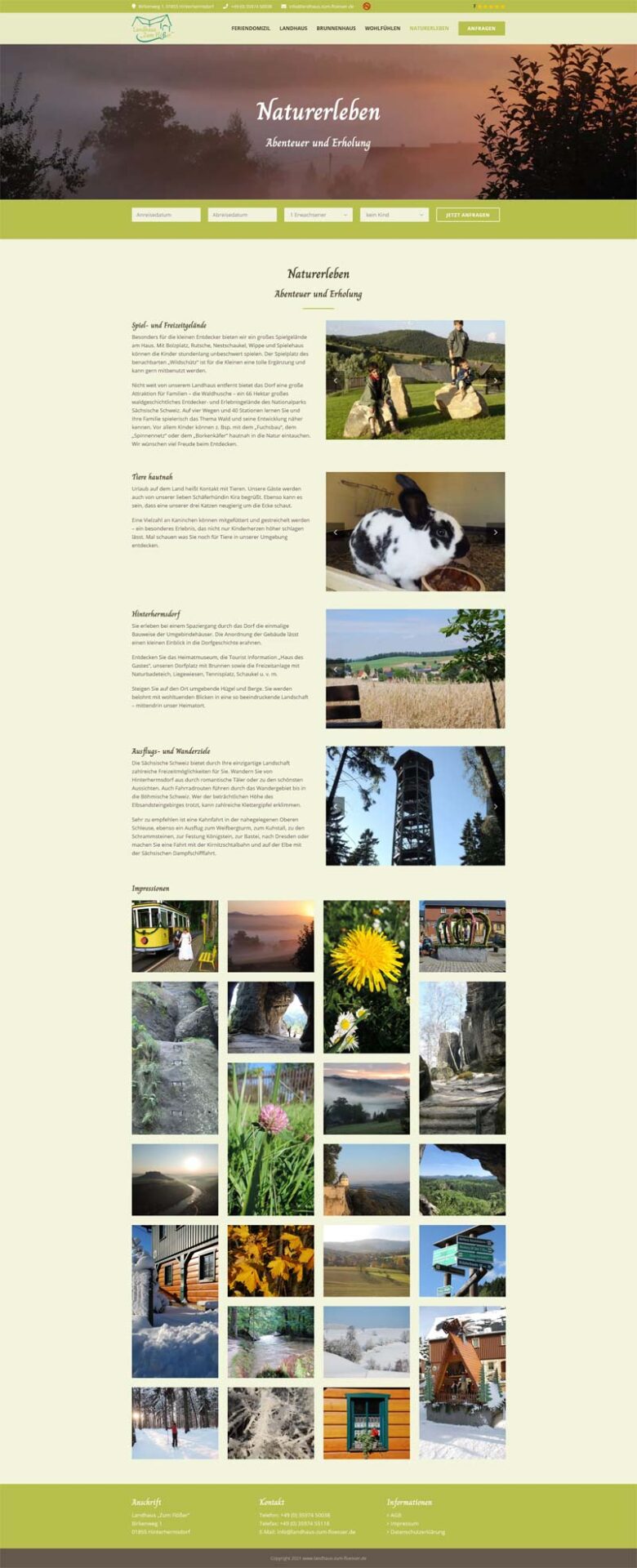 Fewo-Webseite – Websites für Ferienwohnungen – Referenz – Landhaus Zum Flößer – Screenshot Fullsize Unterseite Landhaus „Zum Flößer“ in Hinterhermsdorf Screenshot Fullsize Unterseite