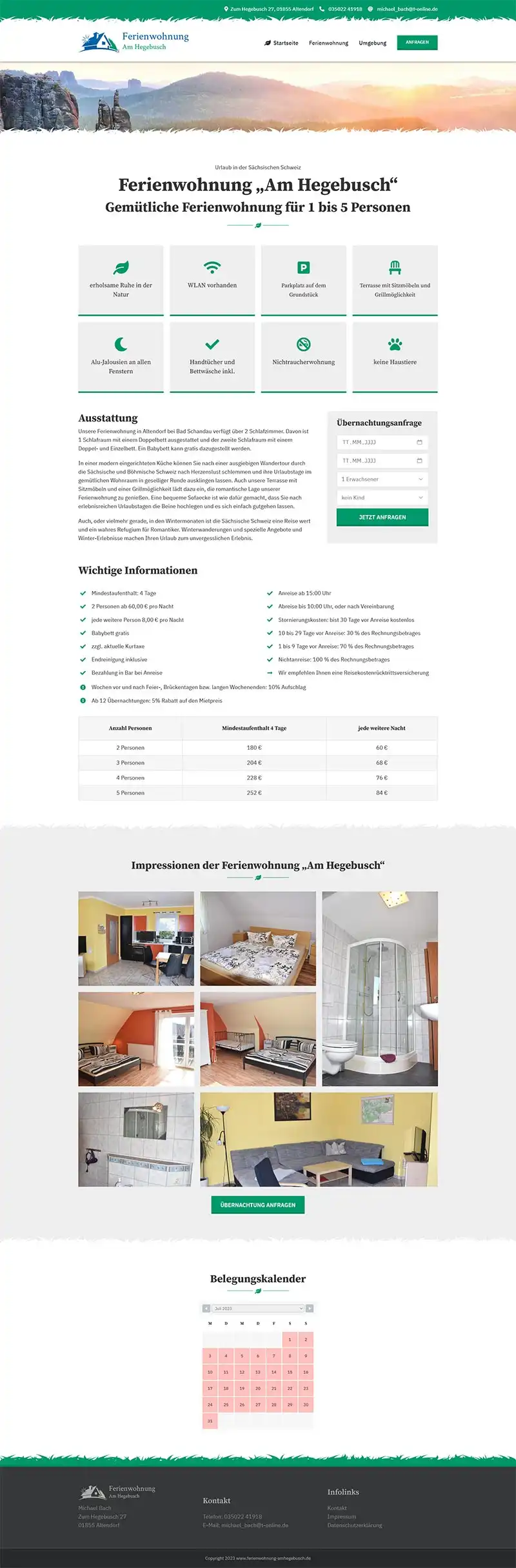 Fewo-Webseite - Websites für Ferienwohnungen - Referenz - Ferienwohnung "Am Hegebusch" - Screenshot Fullsize Unterseite