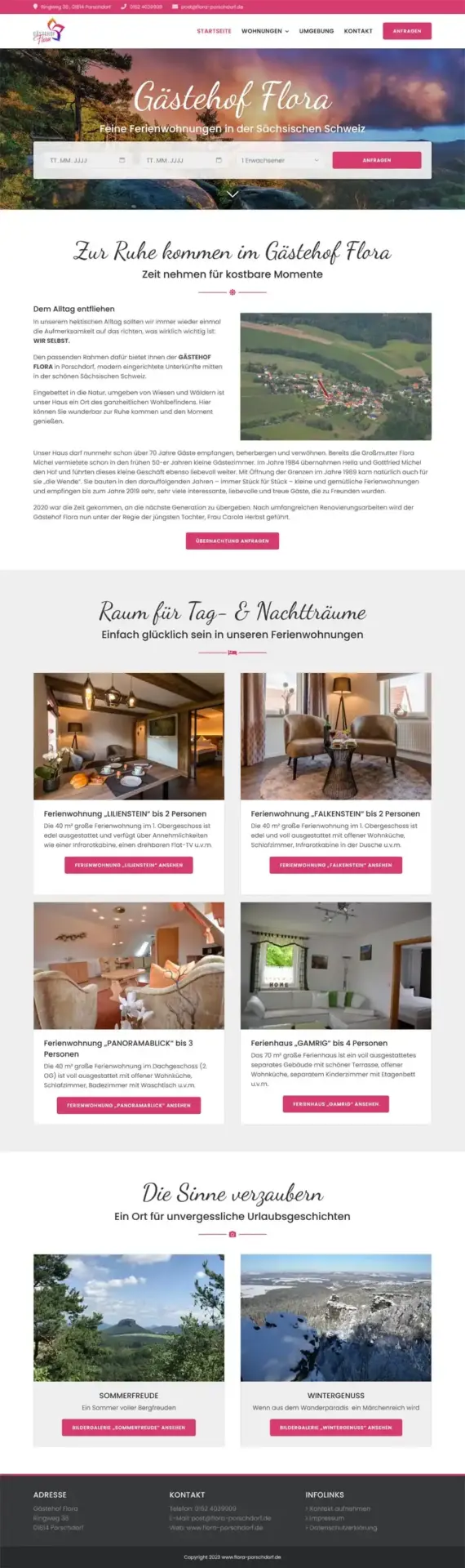 Fewo-Webseite – Websites für Ferienwohnungen – Referenz – Flora Porschdorf Screenshot Fullsize Startseite Gästehof Flora in Porschdorf Screenshot Fullsize Startseite